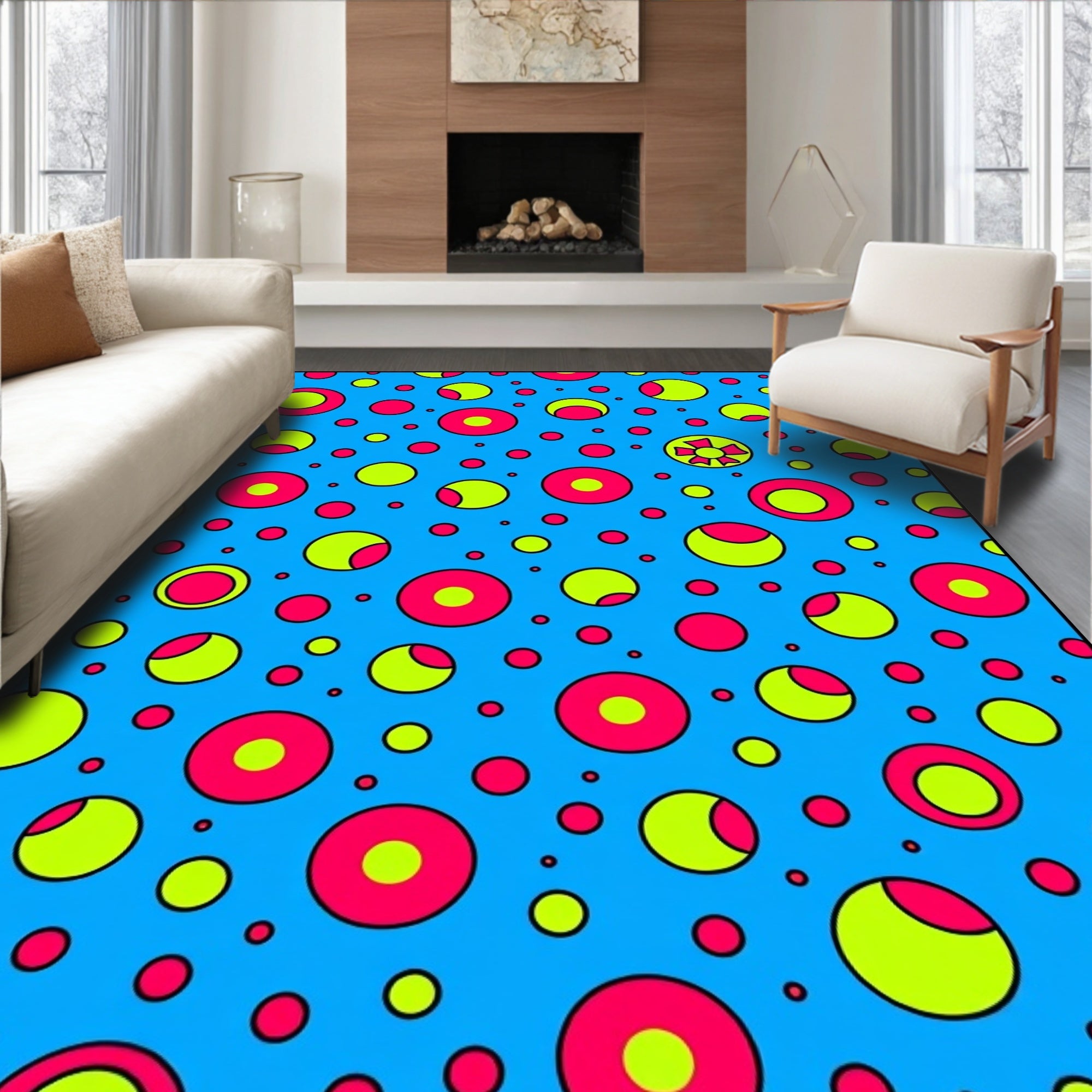 Vibrant Blue Pink Yellow Circles Rug