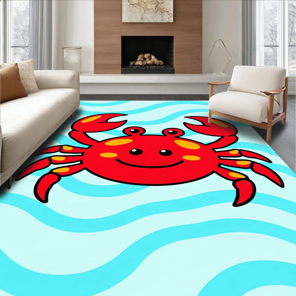Cute Red Crab Ocean Waves Rug