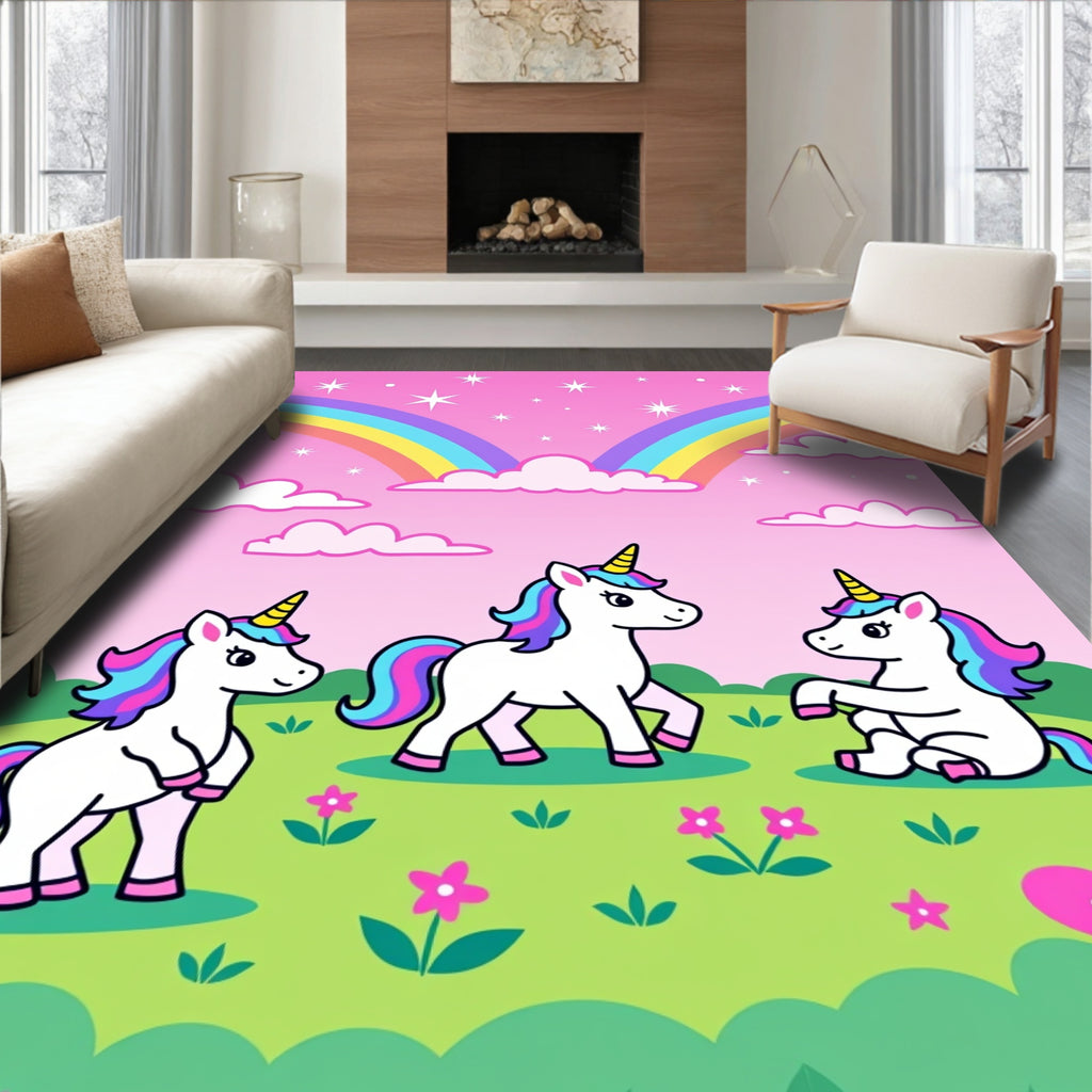 Whimsical Unicorns Under Rainbow Sky Rug