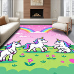 Whimsical Unicorns Under Rainbow Sky Rug