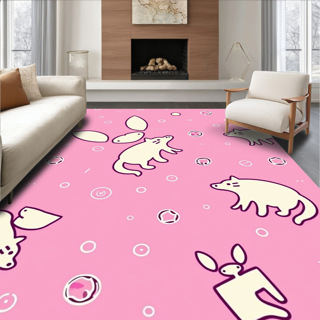 Whimsical Cream Animals Pink Circles Rug