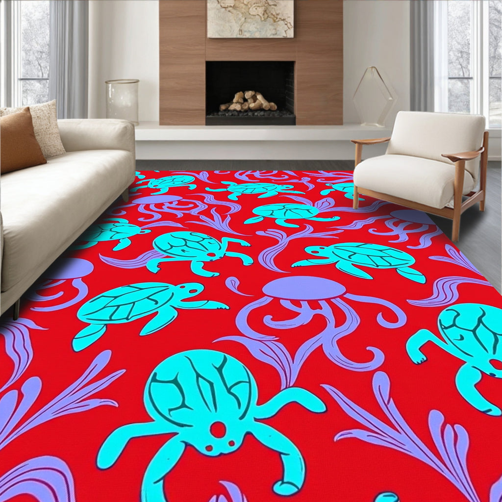 Oceanic Aqua Turtles Lavender Seaweed Rug