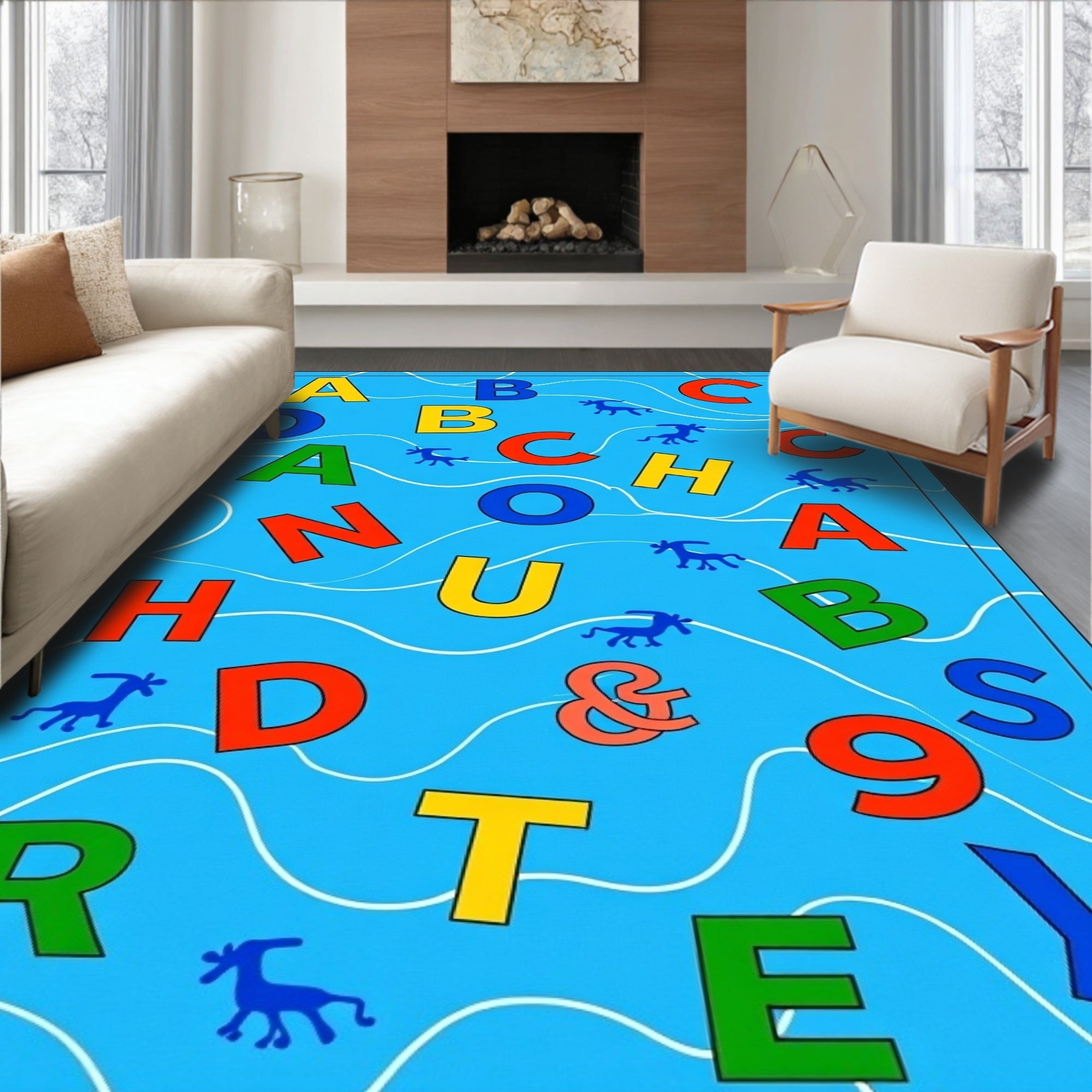 Colorful Alphabets Amidst Swirling Waves Rug