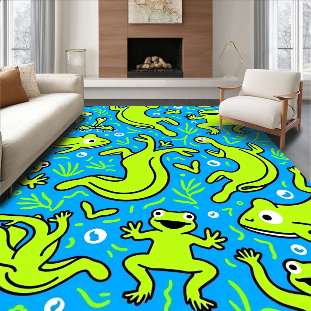 Whimsical Green Frogs Blue Aquatic Rug