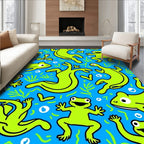 Whimsical Green Frogs Blue Aquatic Rug