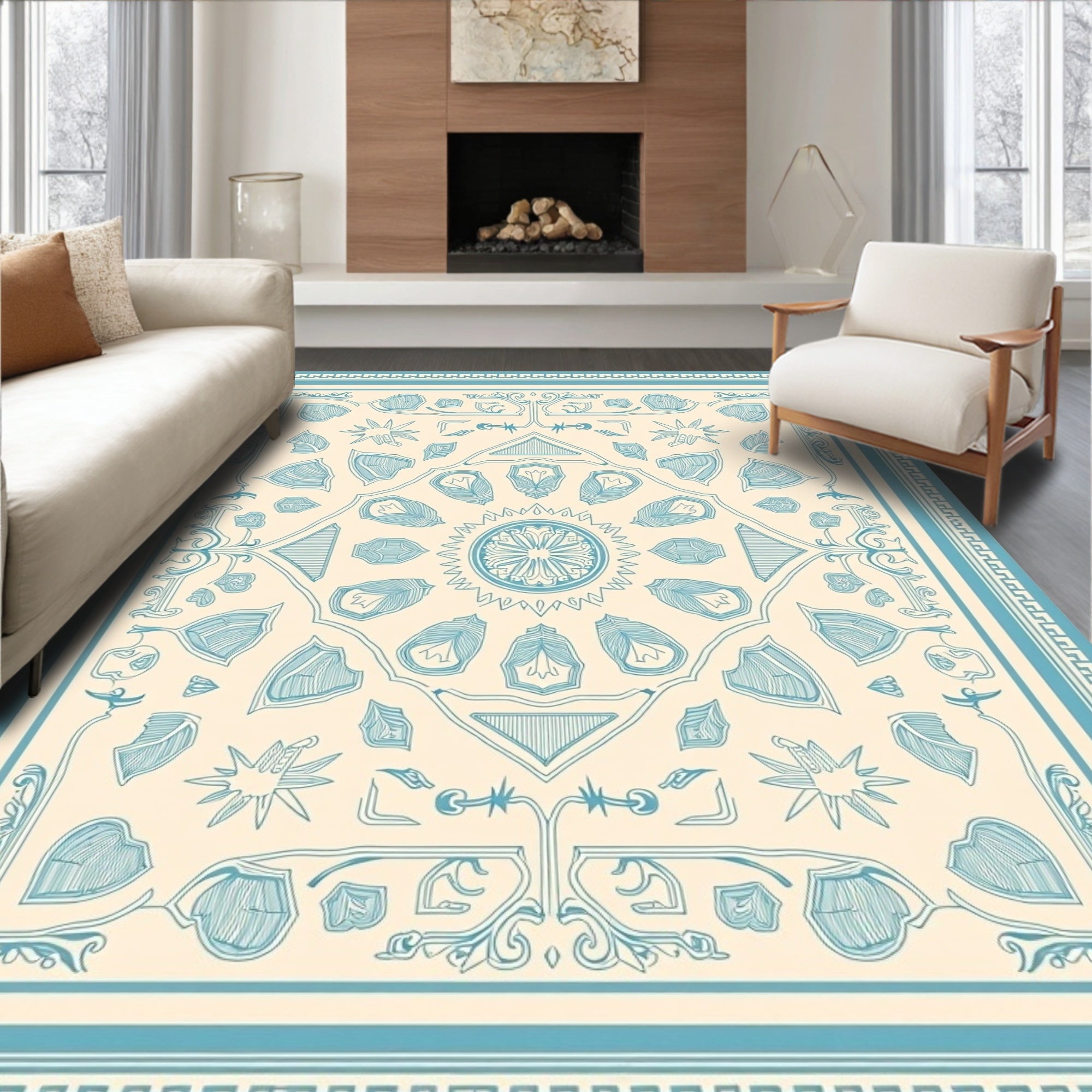 Pale Blue Vintage Floral Compass Rug