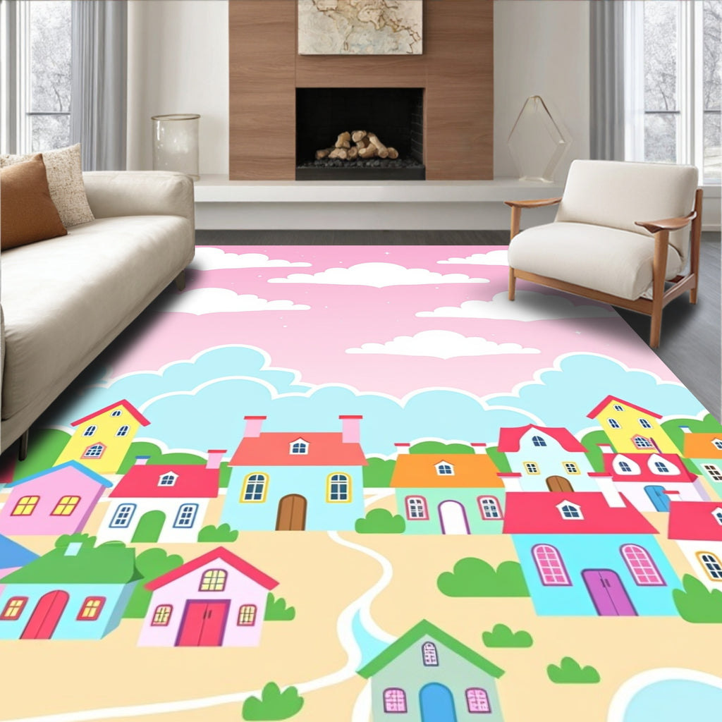 Sweet Village Pastel Buildings Sky Rug