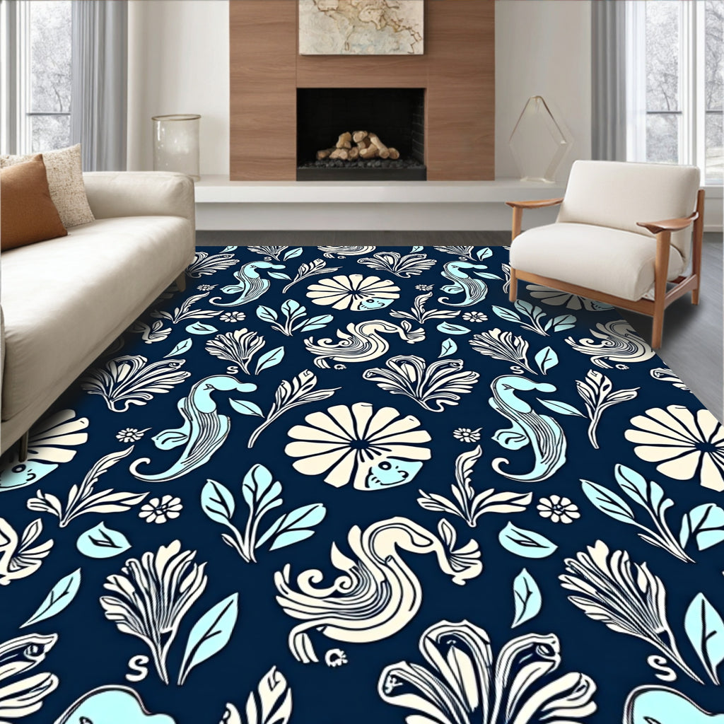 Navy Blue Cream Aqua Seahorse Floral Rug