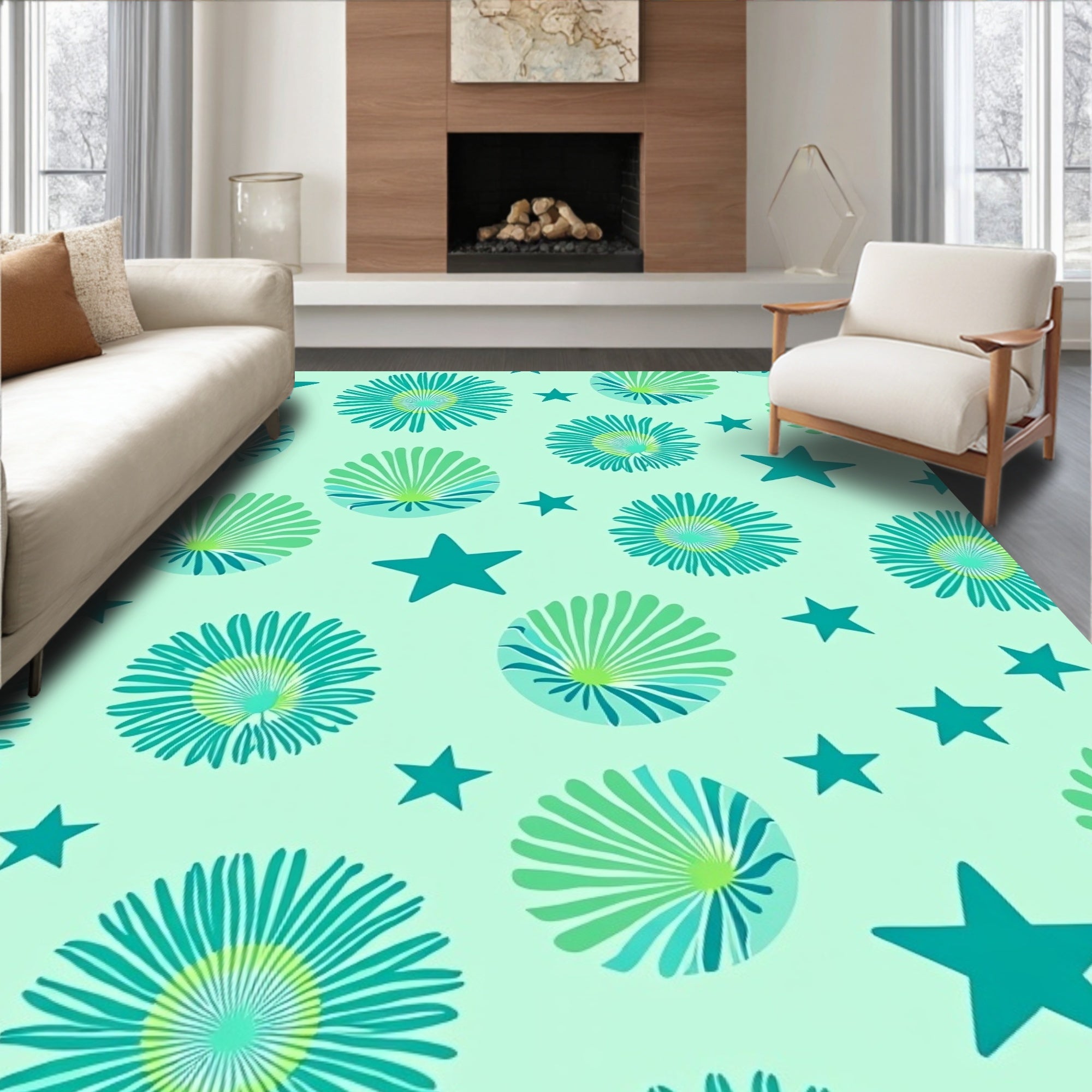 Teal Floral Star Background Rug