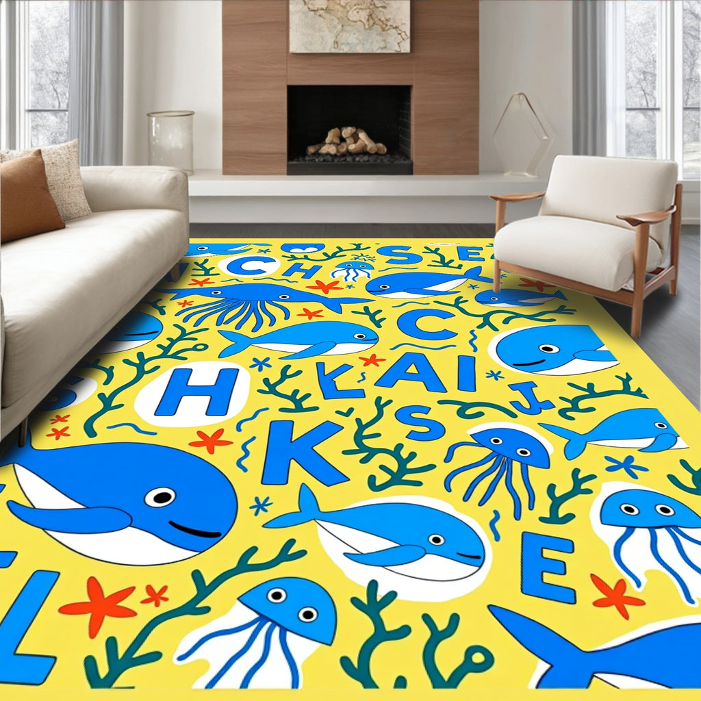 Undersea Whales and Jellyfish Alphabet Rug