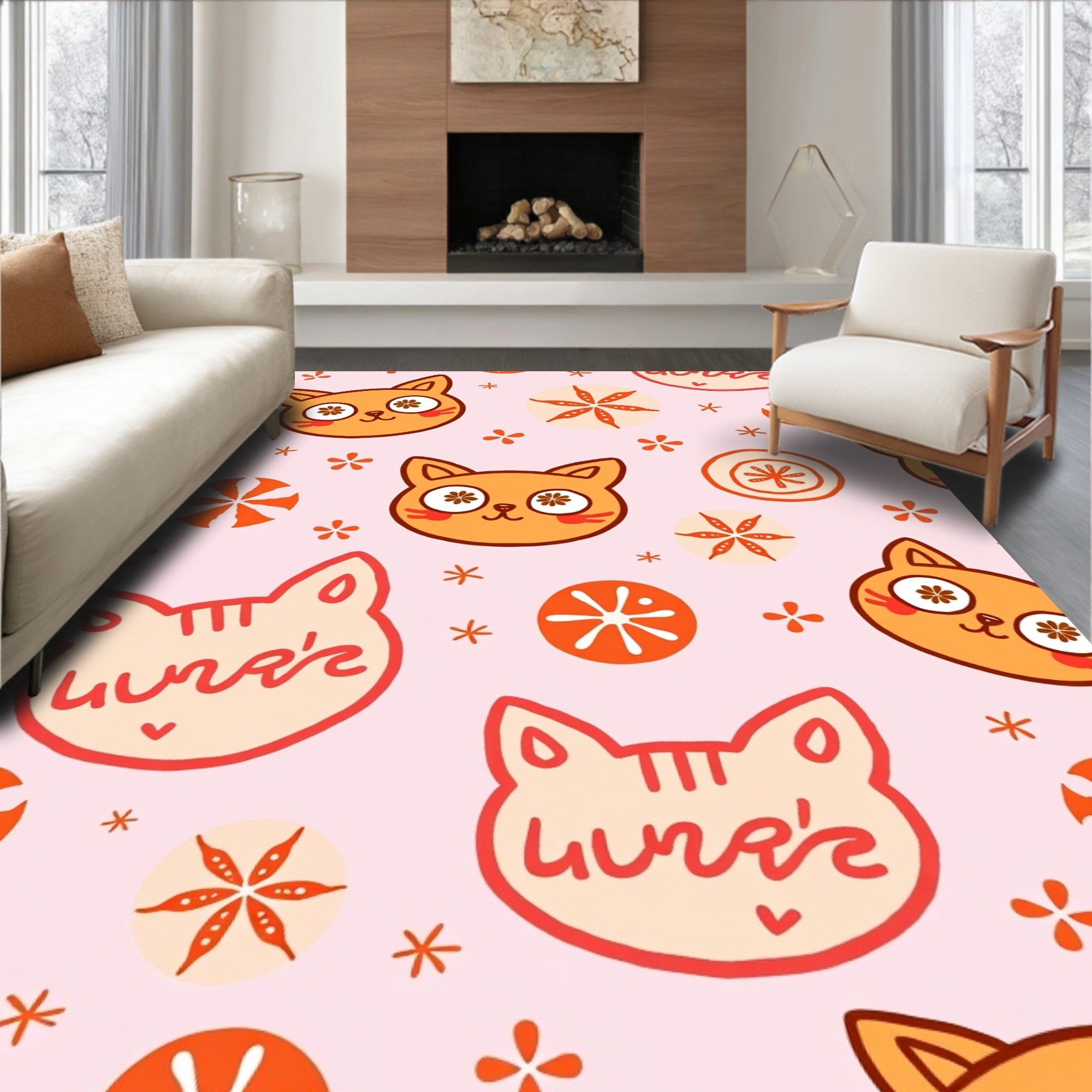 Cute Orange Cat Faces On Pink Rug