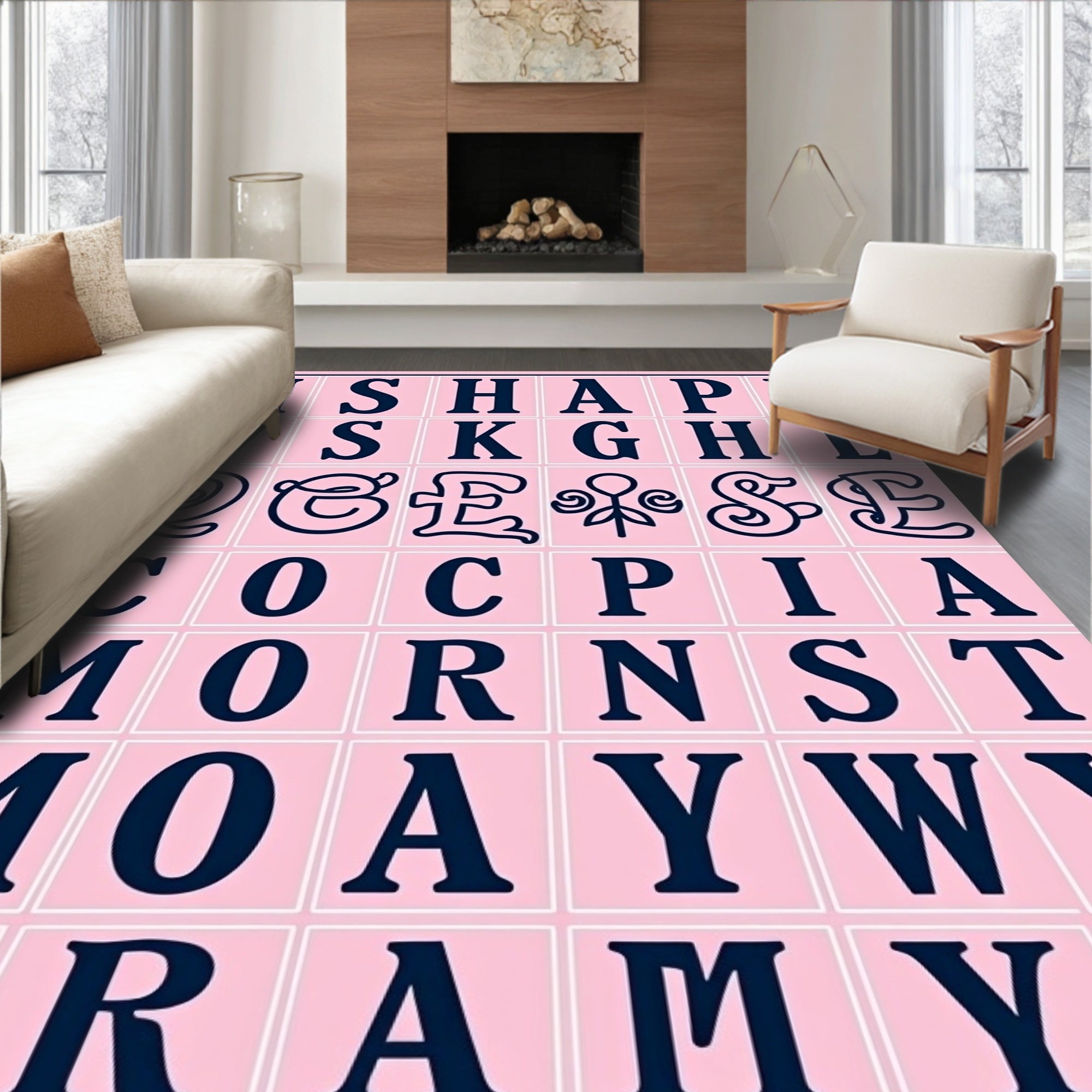 Pink Alphabetic Script Arrangement Rug