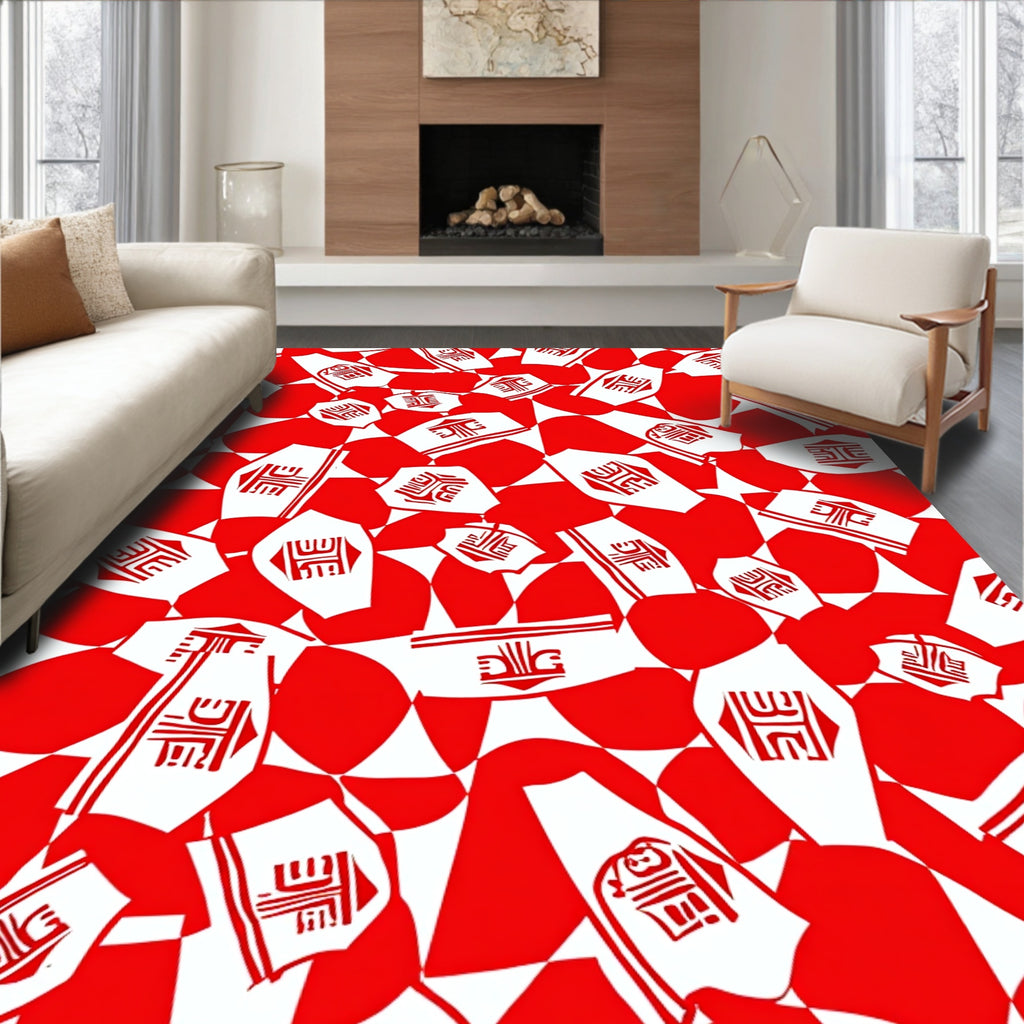 Red White Abstract Tribal Figures Rug