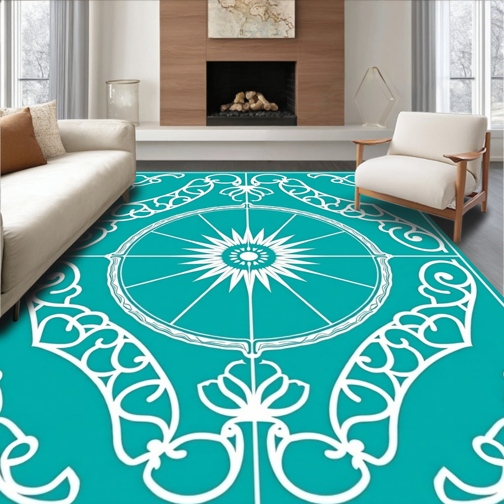 Teal White Ornamental Sun Medallion Rug