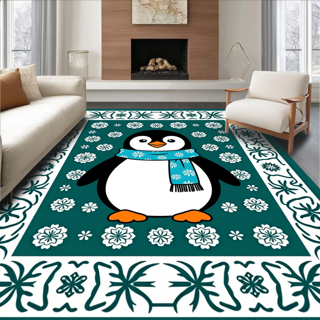 Festive Teal Penguin Snow Flake Border Rug