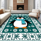 Festive Teal Penguin Snow Flake Border Rug