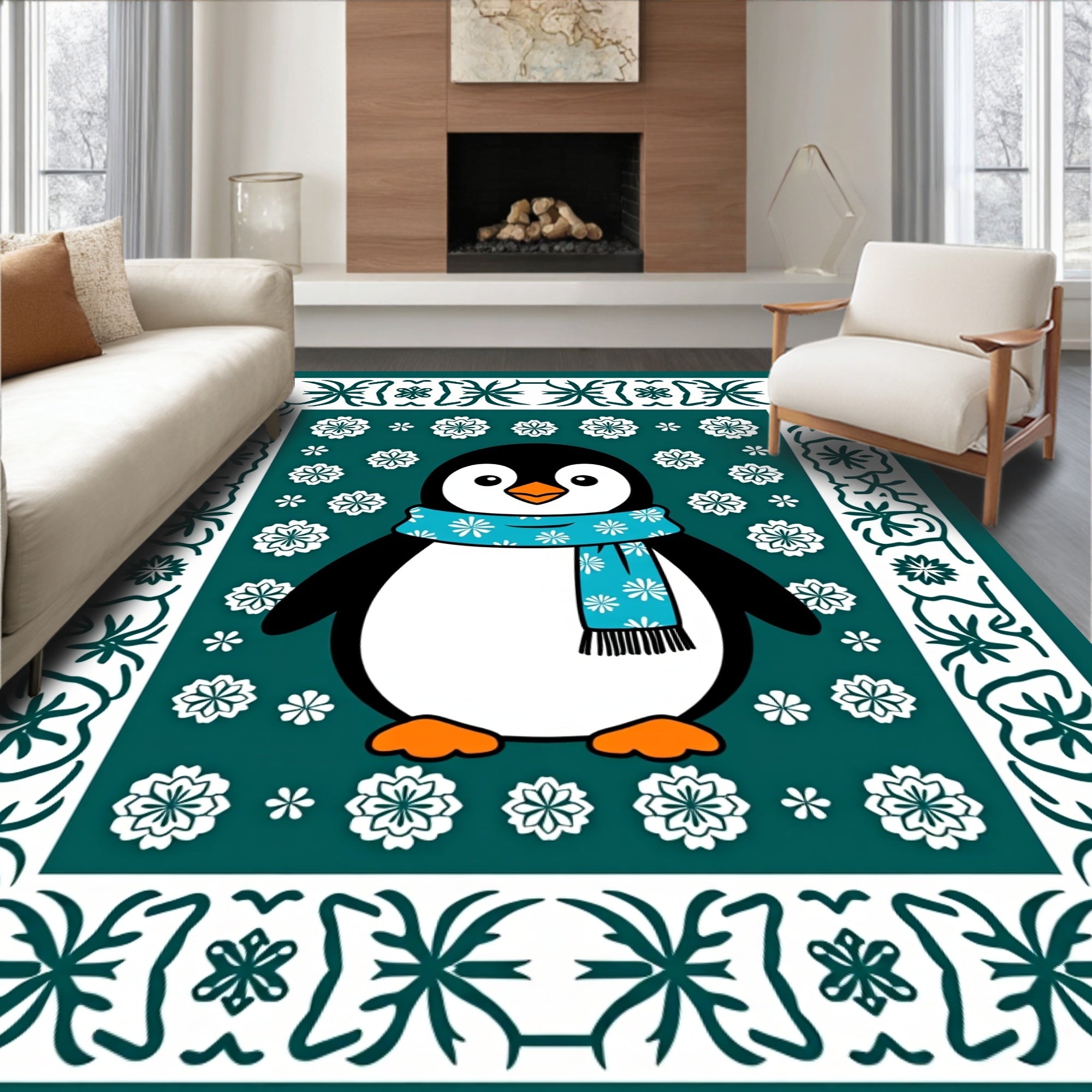 Festive Teal Penguin Snow Flake Border Rug