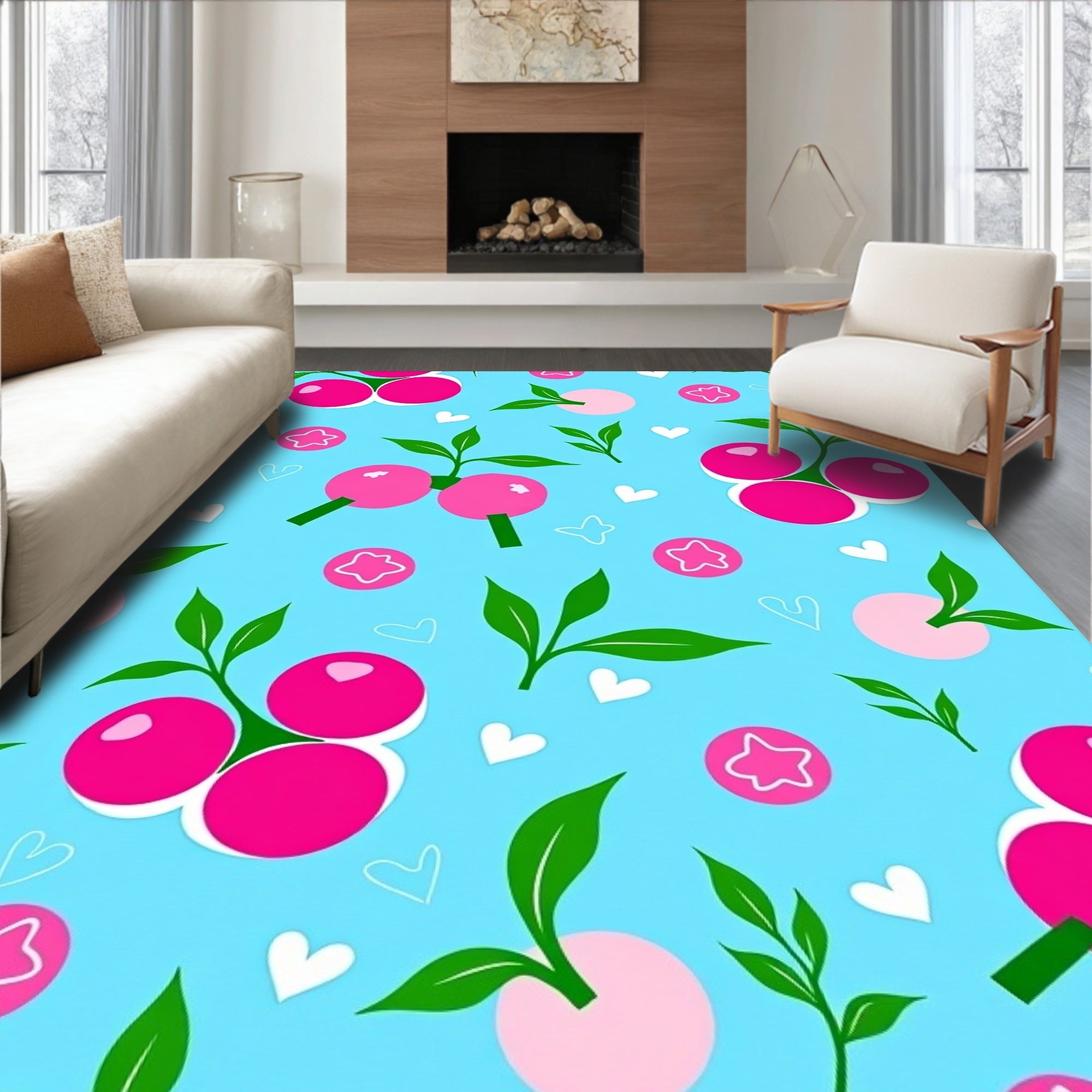 Whimsical Pink Berry Hearts Blue Rug