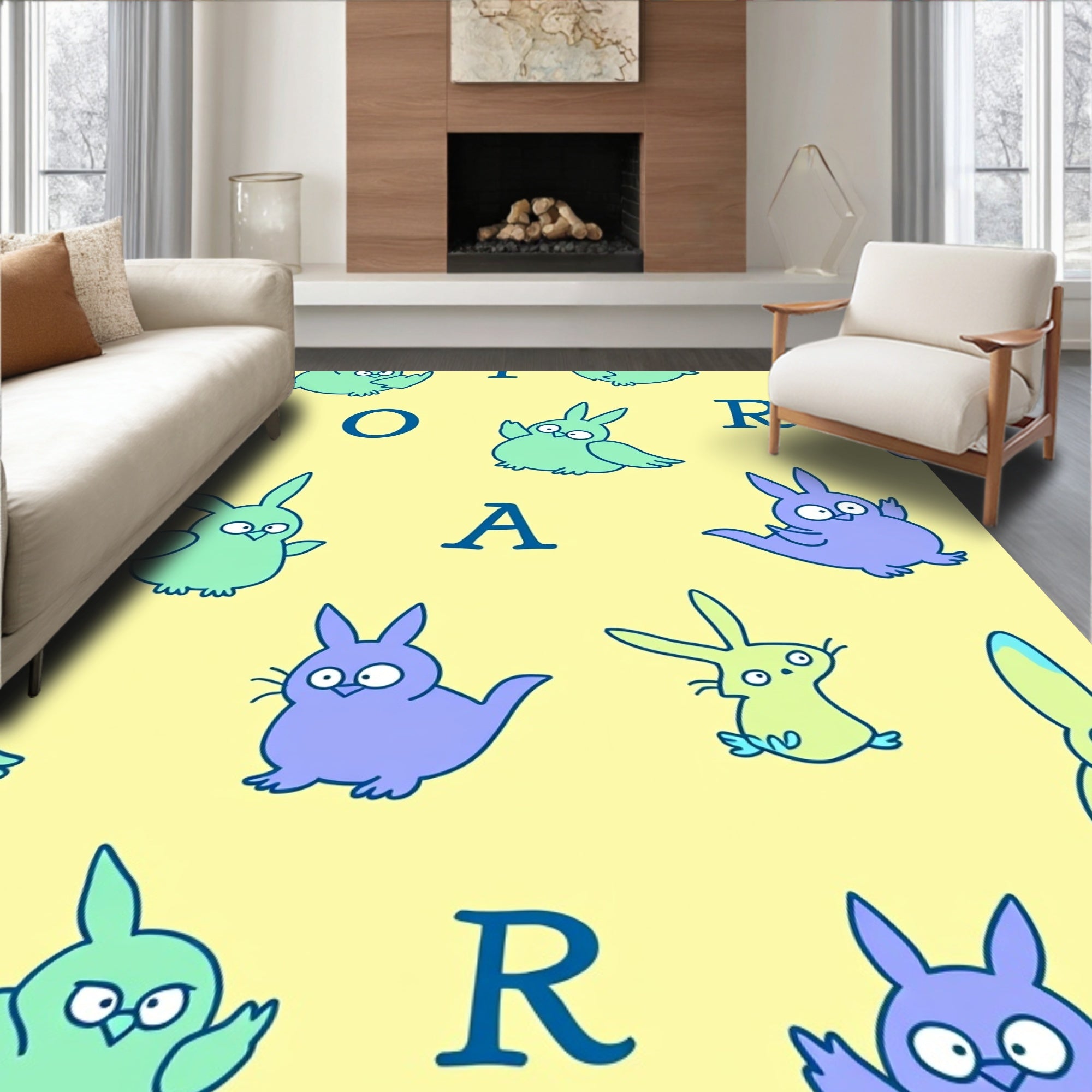 Whimsical Purple Mint Bunny Birds Rug