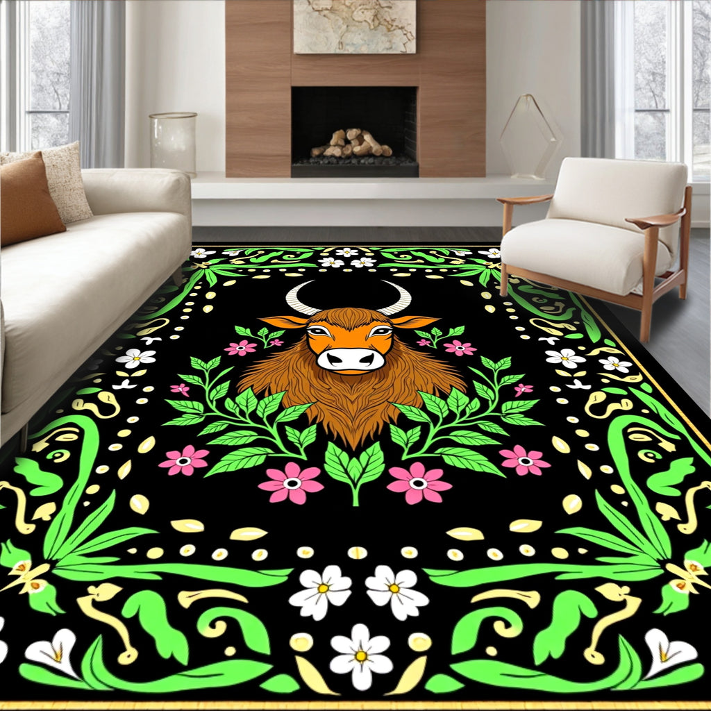 Whimsical Brown Bull Floral Border Rug
