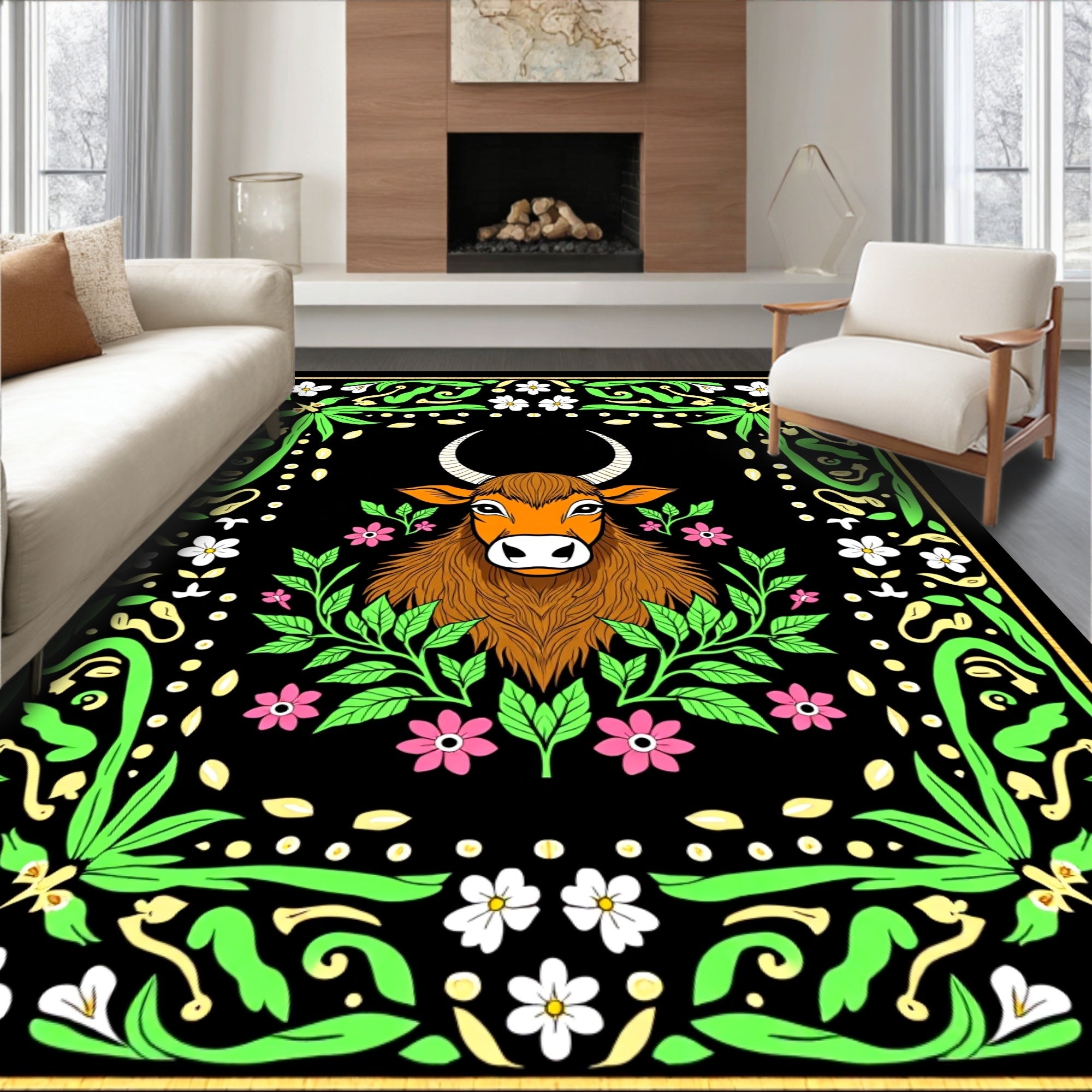 Whimsical Brown Bull Floral Border Rug
