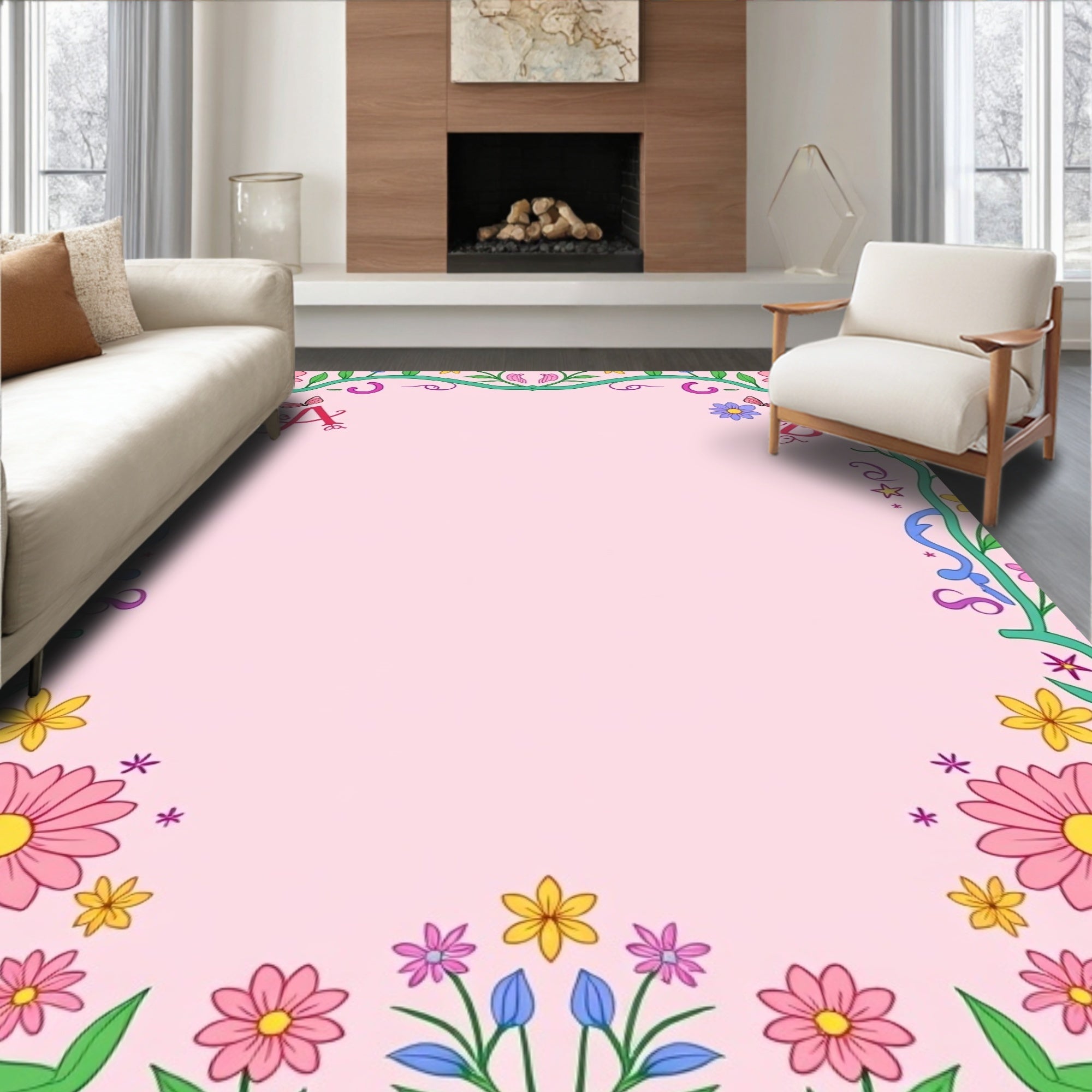 Pink Floral Alphabet Garden Frame Rug