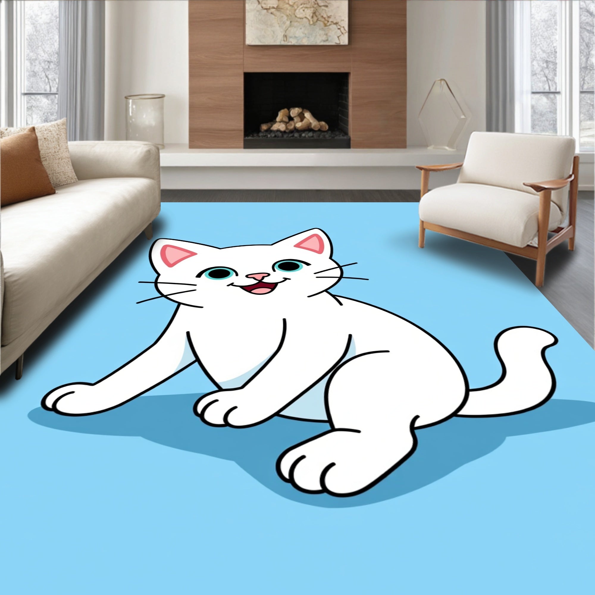 Whimsical White Cat Blue Background Illustration Rug