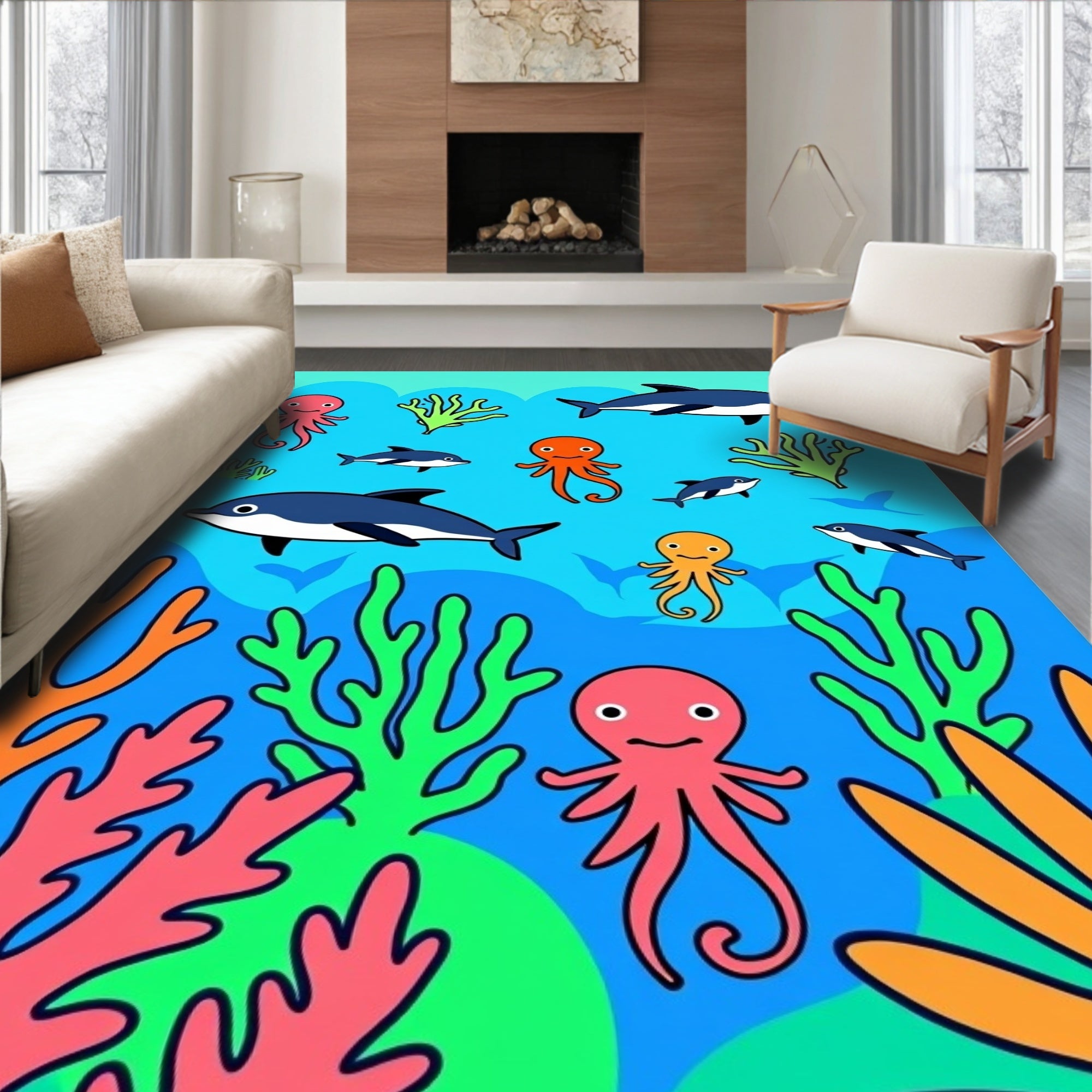 Ocean Coral Dolphin Octopus Friends Rug