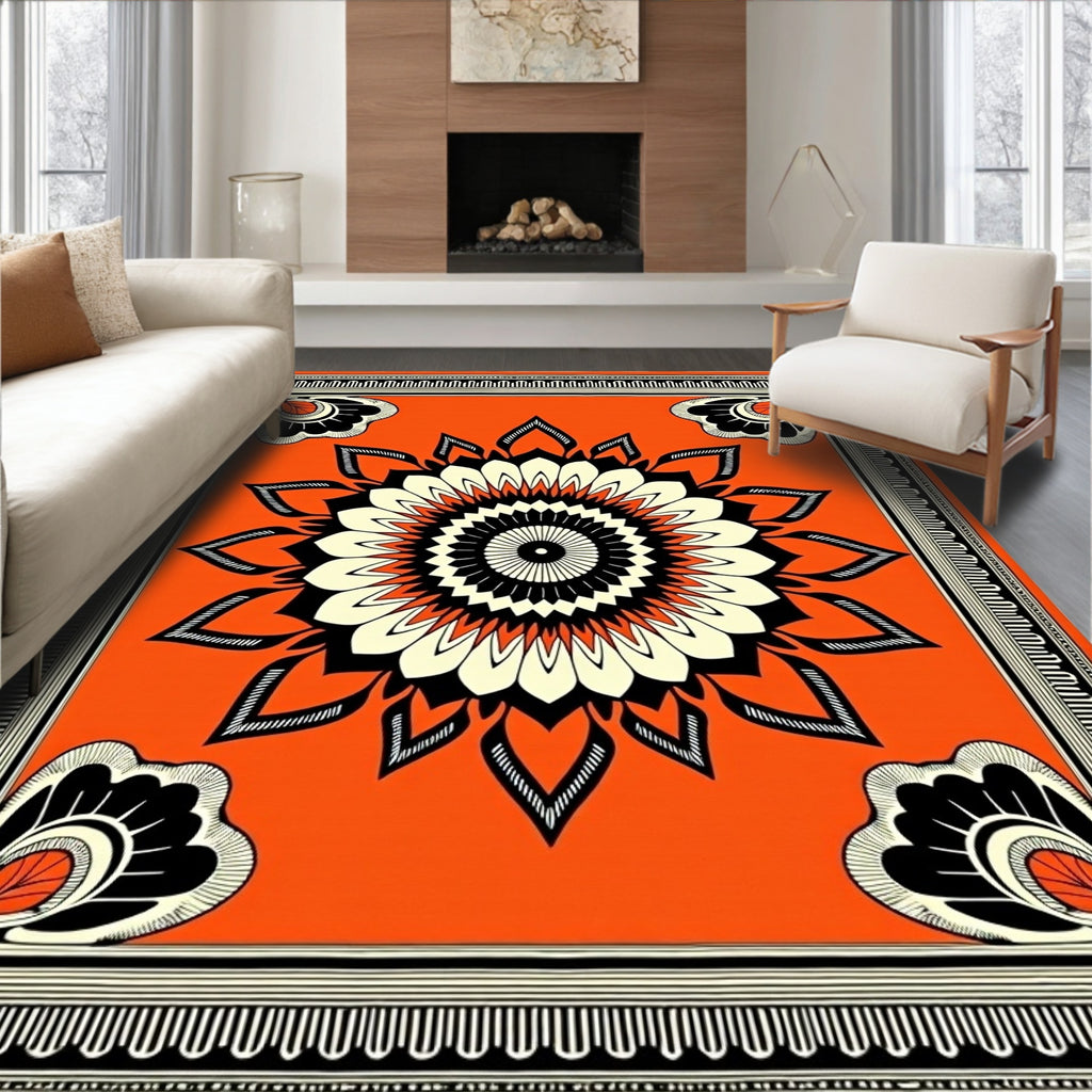 Orange Mandala Floral Black Cream Rug