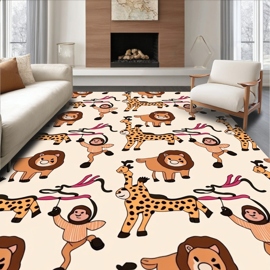 Playful Circus Animals Brown Beige Rug