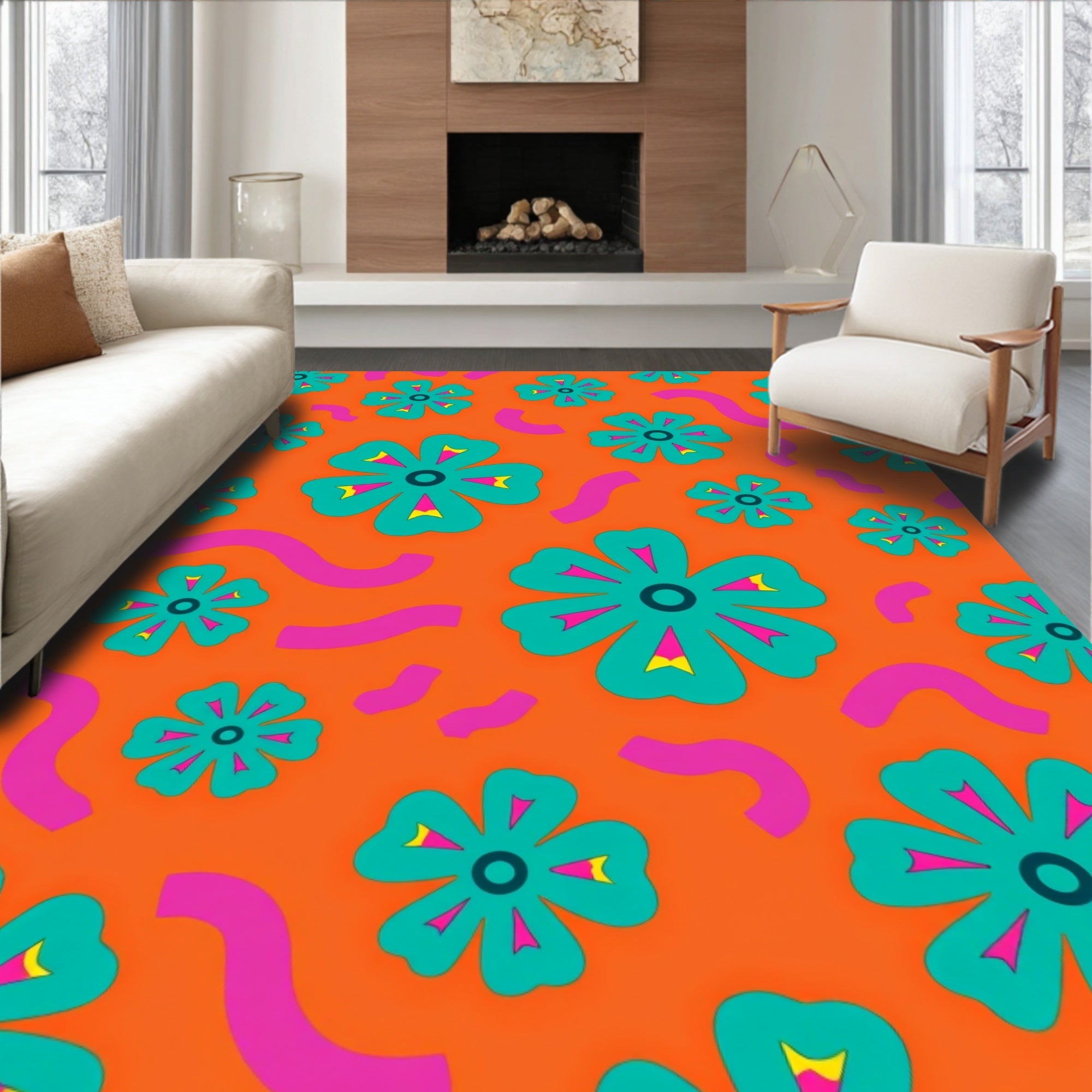 Orange Floral With Pink Swirls Rug