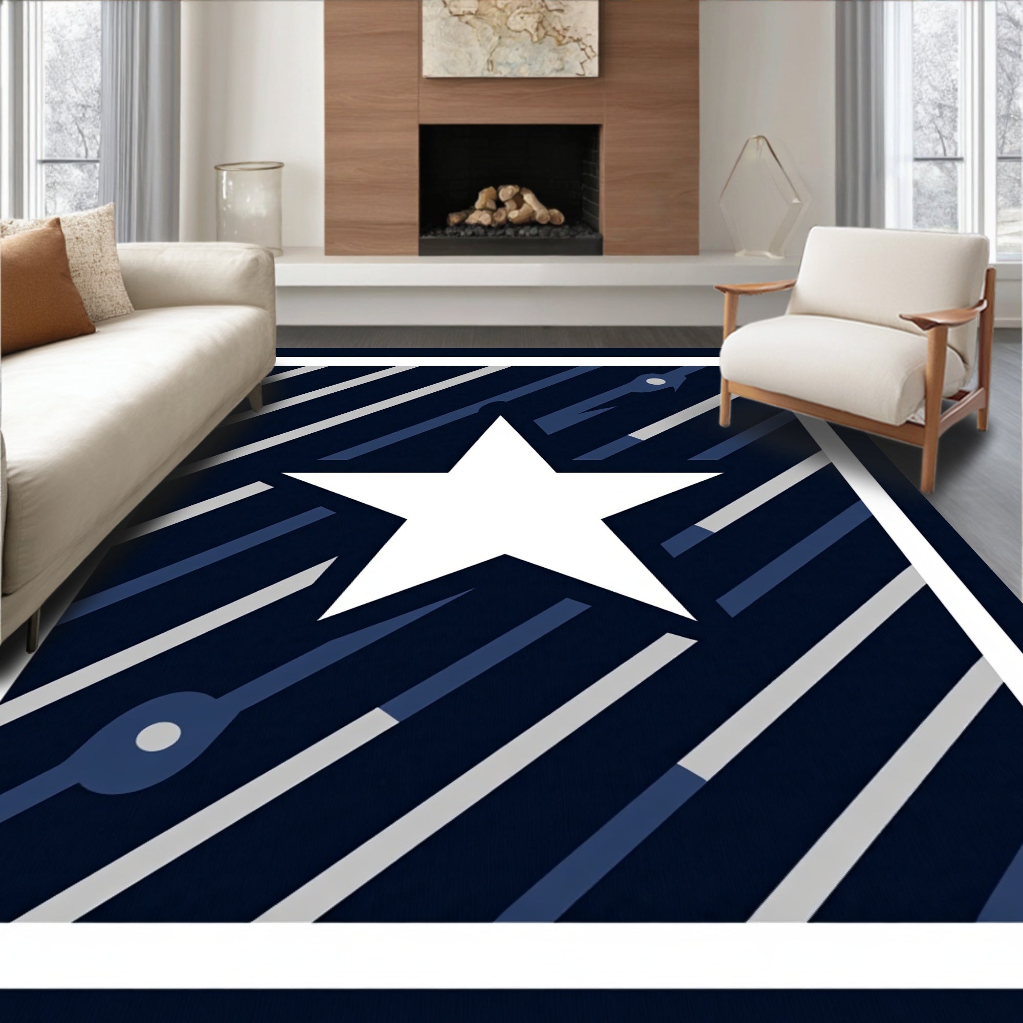 Classic White Star Navy Stripe Rug
