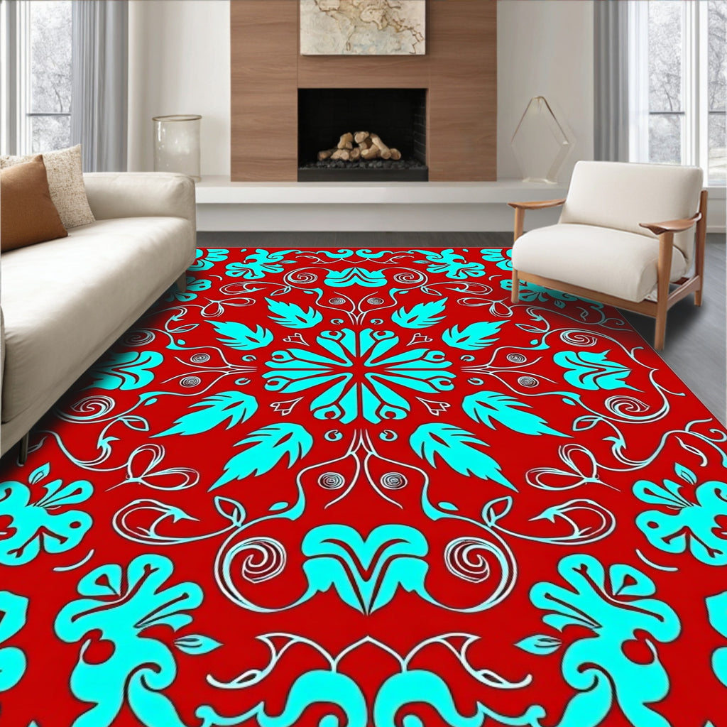 Red Teal Floral Scroll Medallion Rug