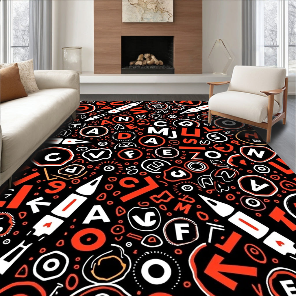Bold Black White Orange Alphabet Mix Rug