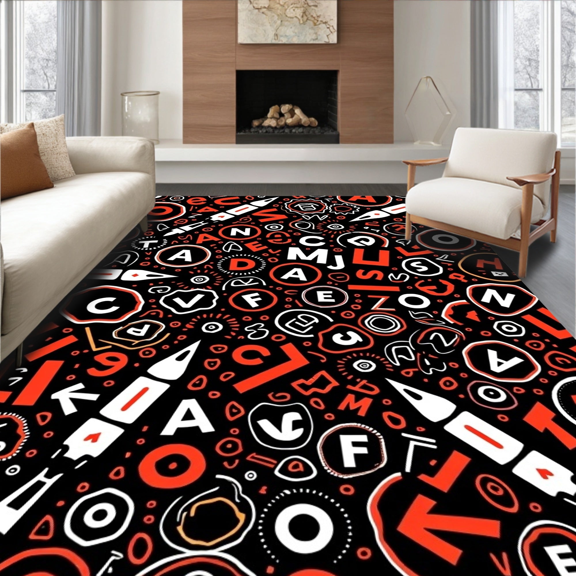 Bold Black White Orange Alphabet Mix Rug