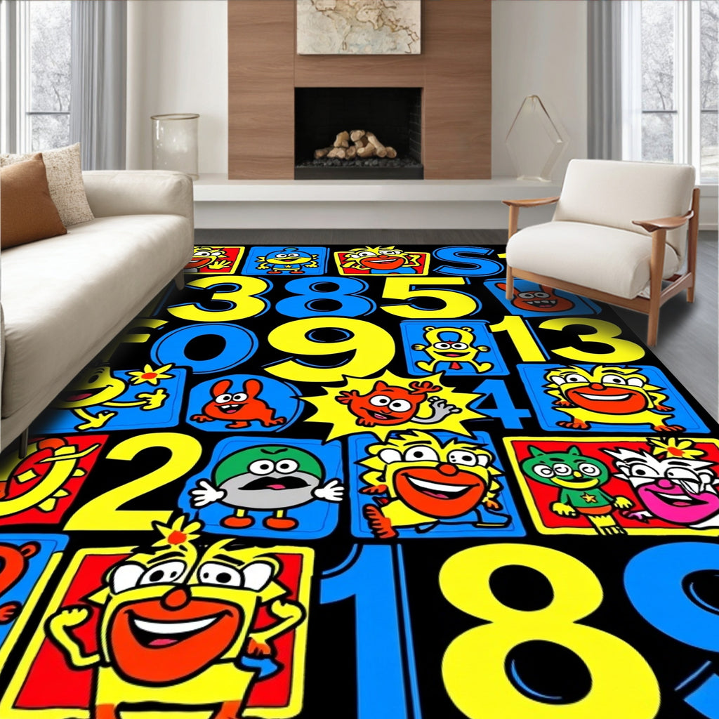 Playful Yellow Blue Cartoon Characters Numbers Rug