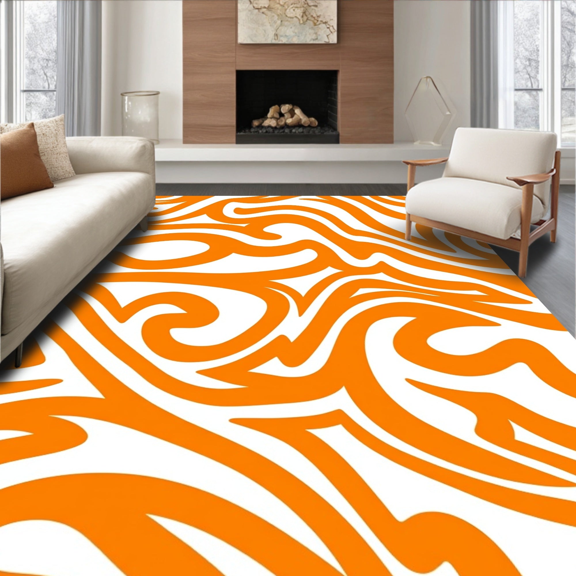 Vibrant Orange Swirl Abstract Rug
