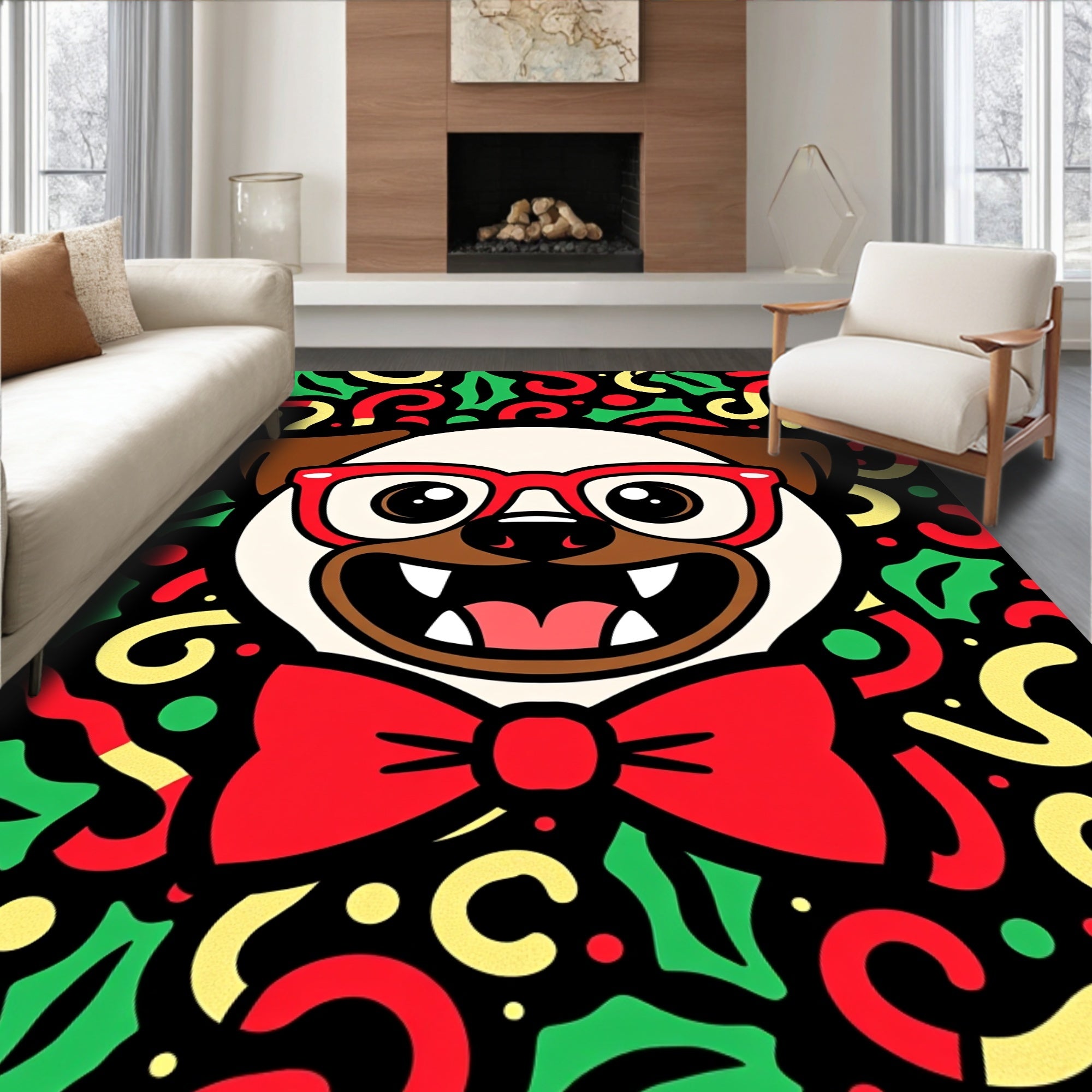 Festive Pug Red Glasses Bow Tie Holly Rug