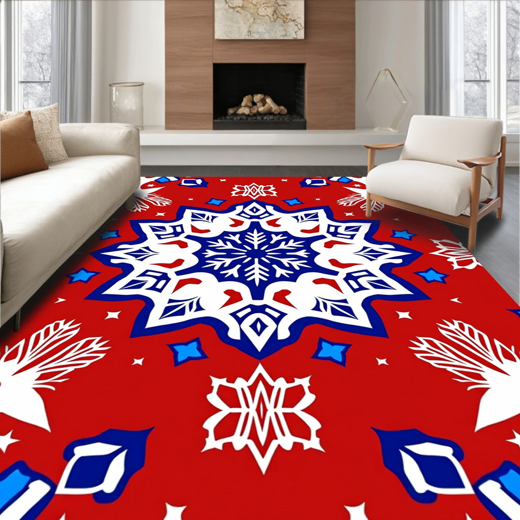 Crimson Starburst Medallion White Blue Rug