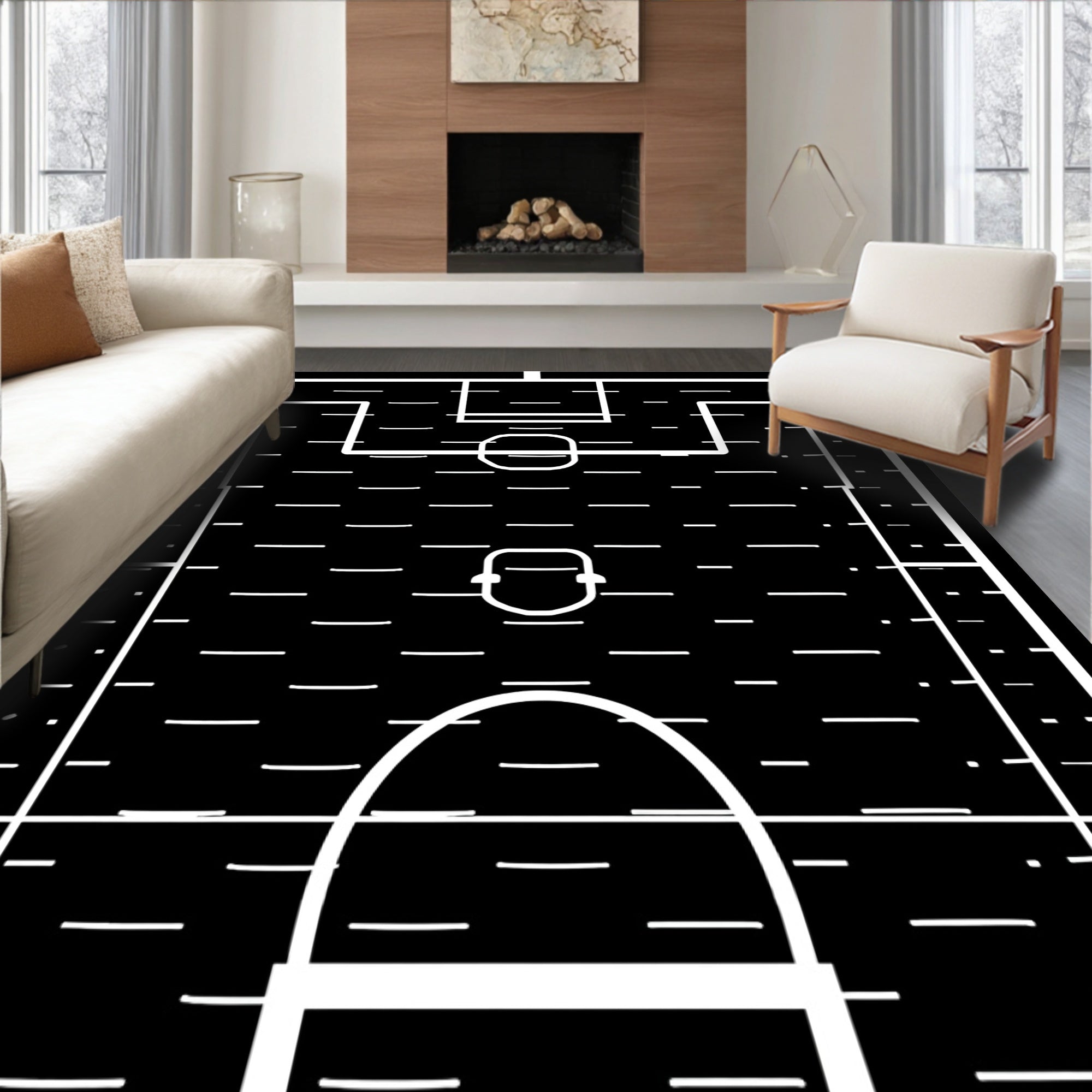 Black and White Soccer Field Rug