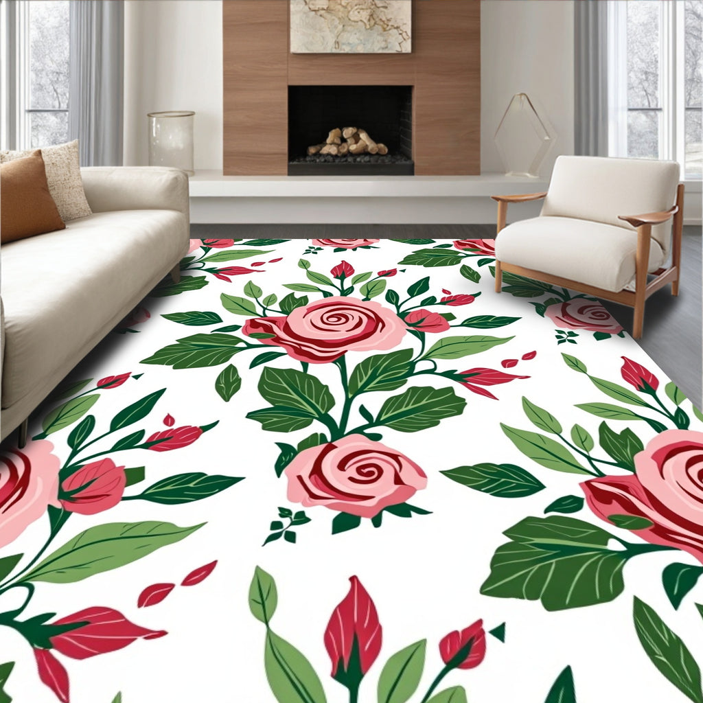 Pink Rose Garden with Green Leaves Rug