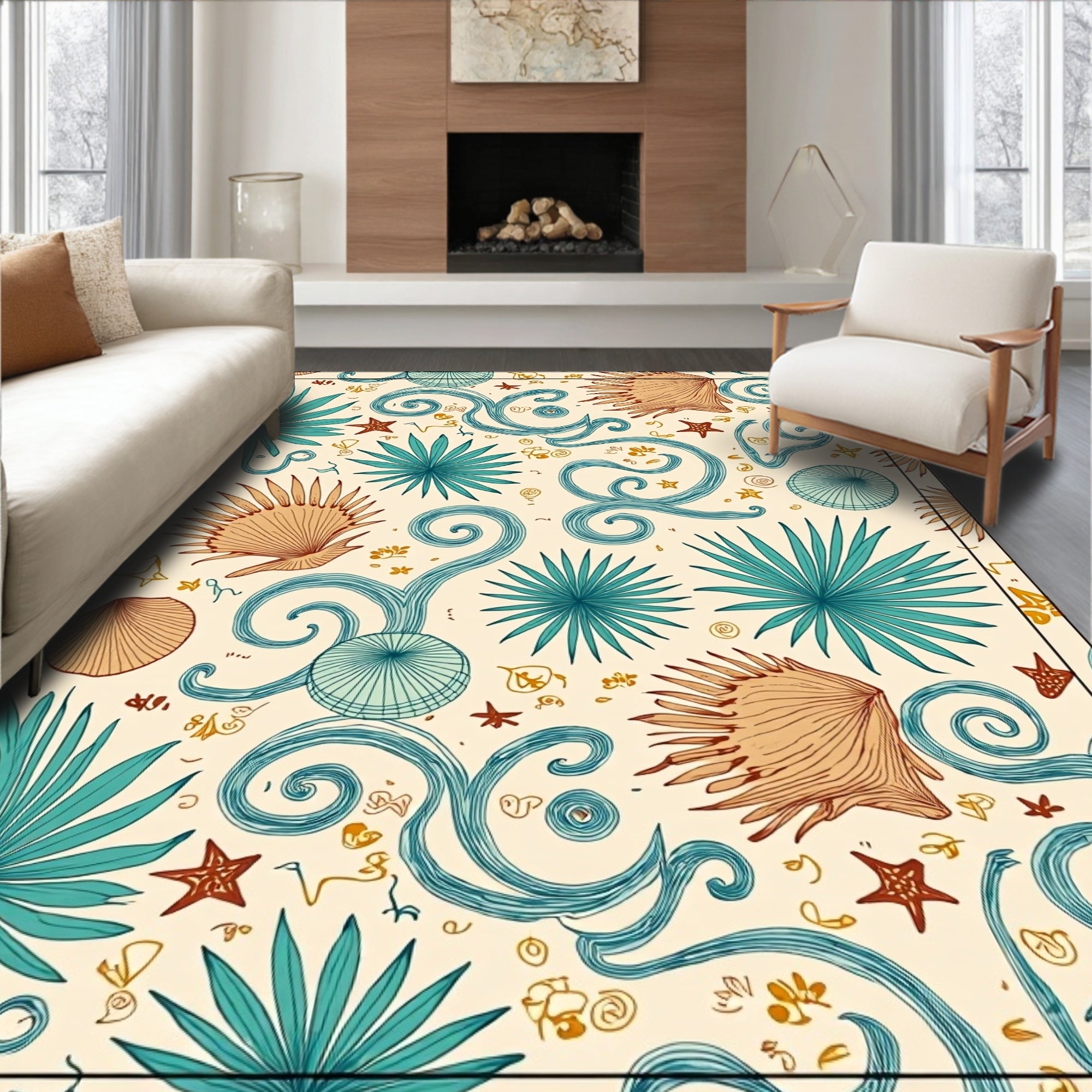 Teal Blue Coral Starfish Shells Rug