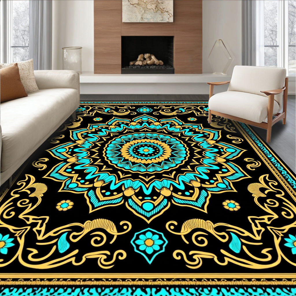 Turquoise Gold Black Mandala Floral Rug