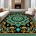 Turquoise Gold Black Mandala Floral Rug