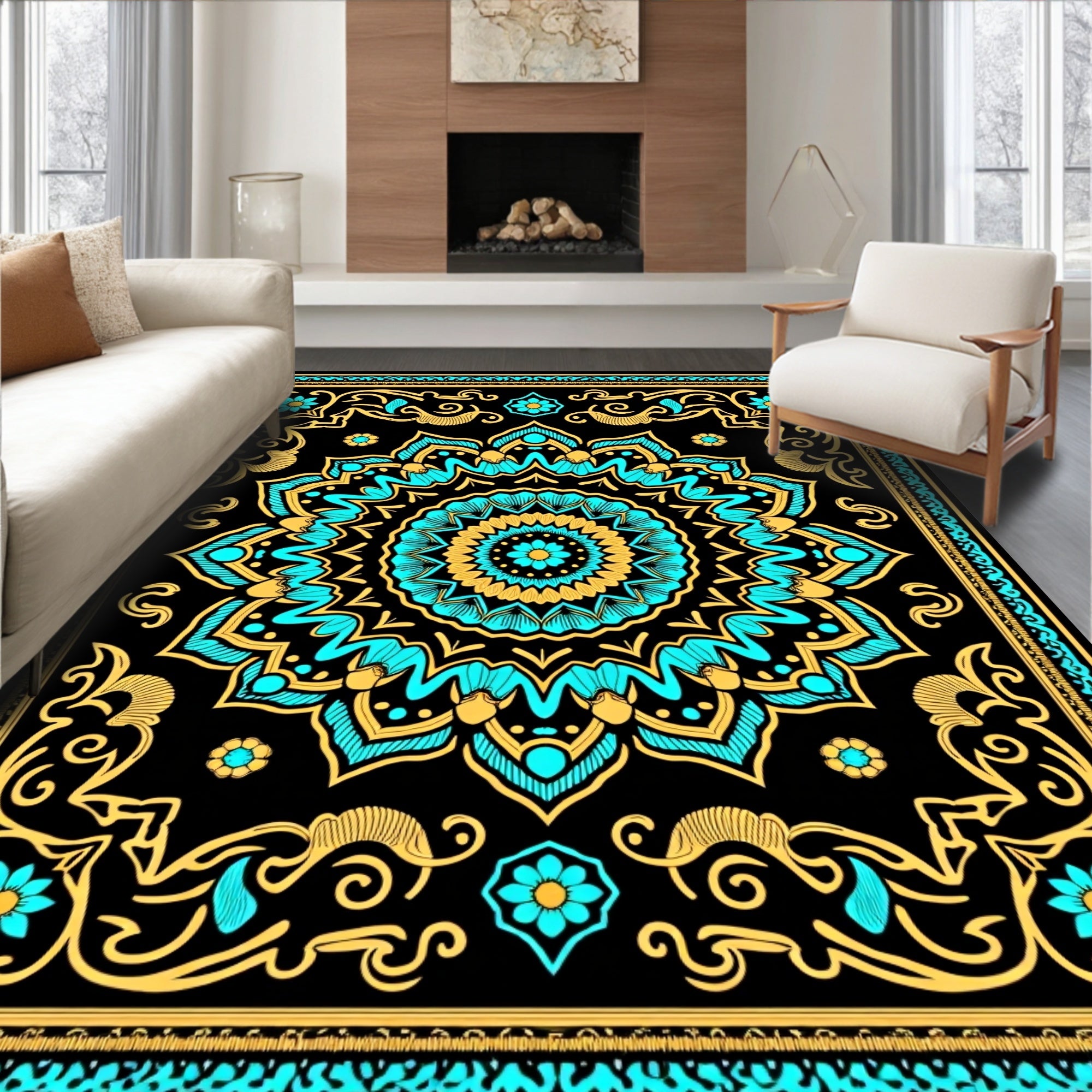 Turquoise Gold Black Mandala Floral Rug