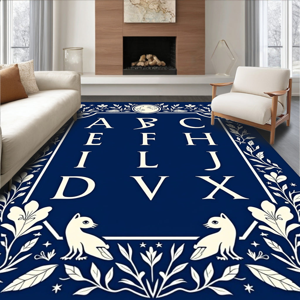 Vintage Blue Floral Alphabet Border Rug