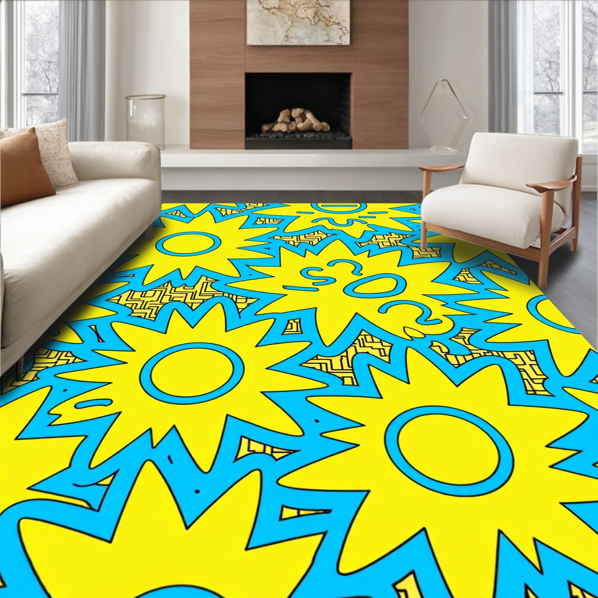 Bold Yellow Sunburst Blue Abstract Rug