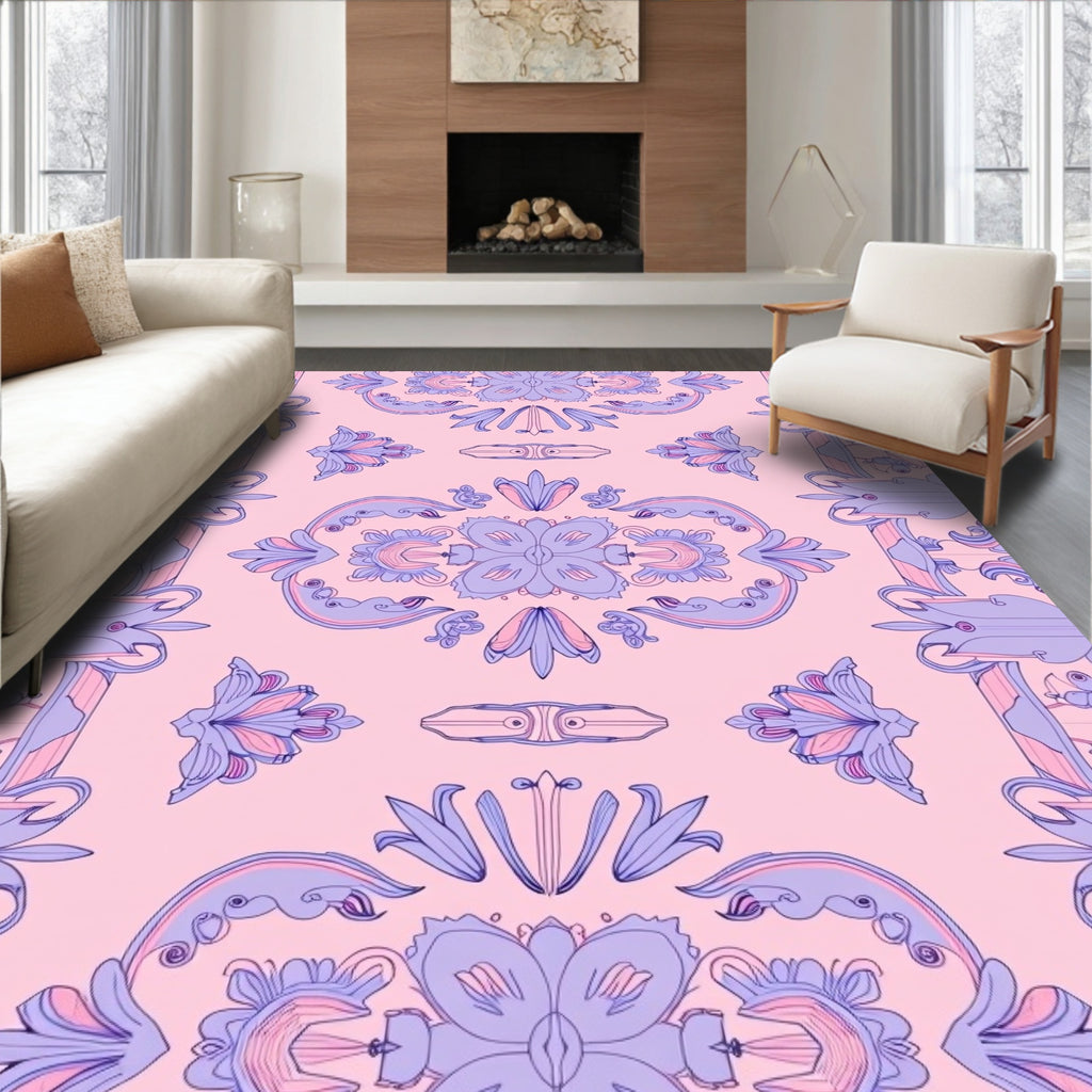Pastel Purple Floral Medallion Symmetry Rug