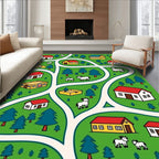 Whimsical Farm Scene Village Road Rug