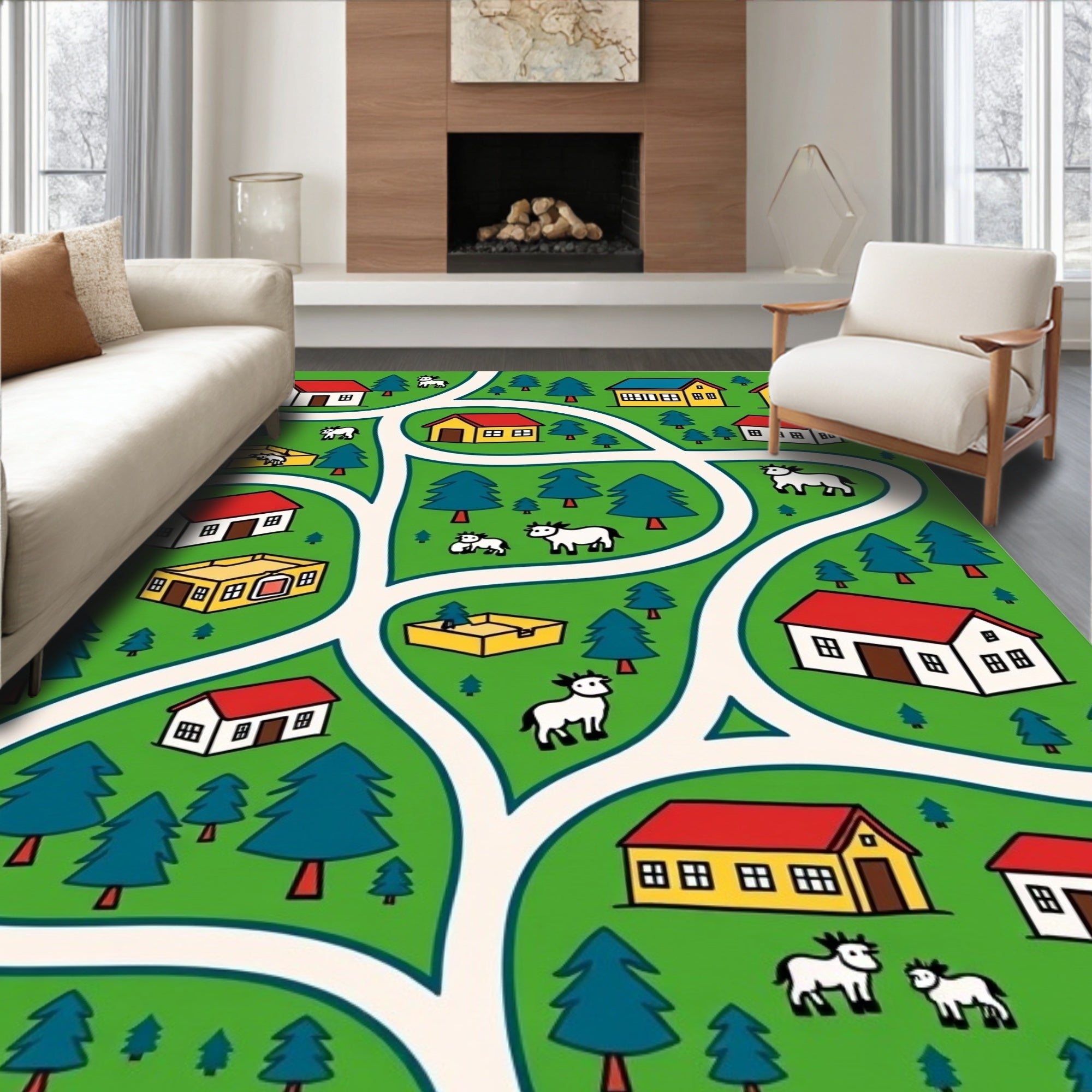 Whimsical Farm Scene Village Road Rug